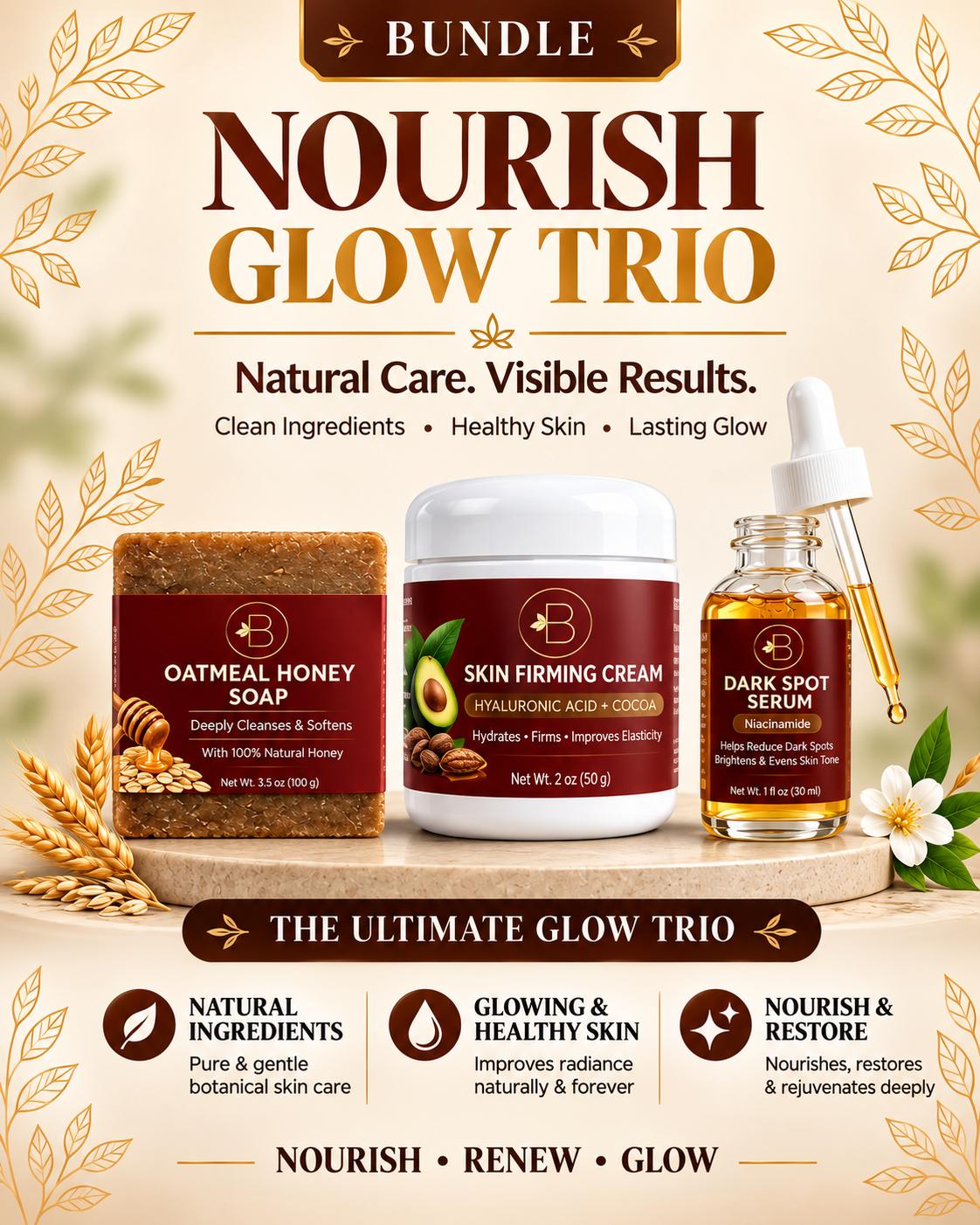 Blisfull Skin Nourish & Glow Trio — Oat Milk Honey Soap, Skin Firming Cream & Dark Spot Serum Bundle | Save 10%