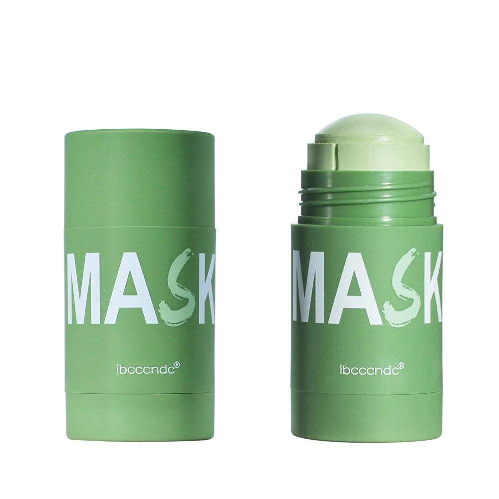 Open green tea cleansing stick mask showing the creamy product inside, with matching green packaging for easy application