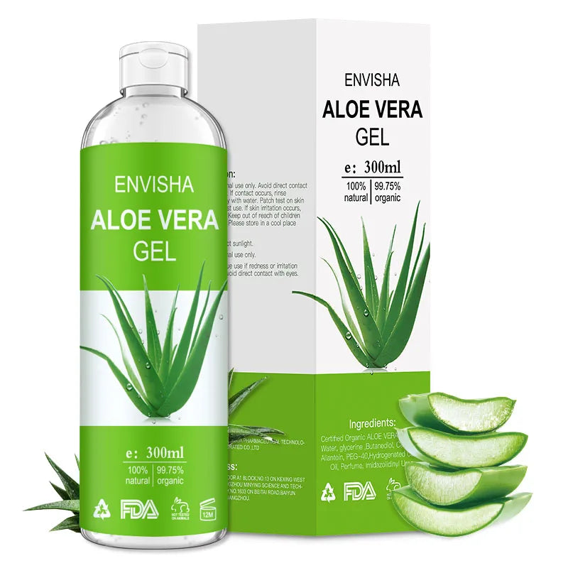 ENVISHA Aloe Vera Gel bottle with green label, aloe vera plant illustration, 300ml size, lightweight skin moisturizer for face and body