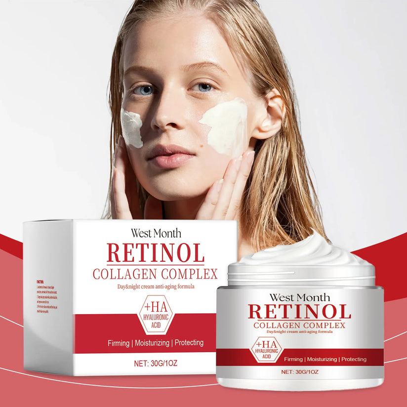 Woman with fair skin and light brown hair applying white cream to her face, promoting skincare with retinol face moisturizer