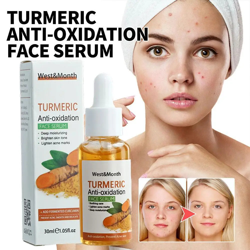 Woman with clear skin and light makeup applying turmeric dark spot corrector face serum, close-up of face with visible acne marks
