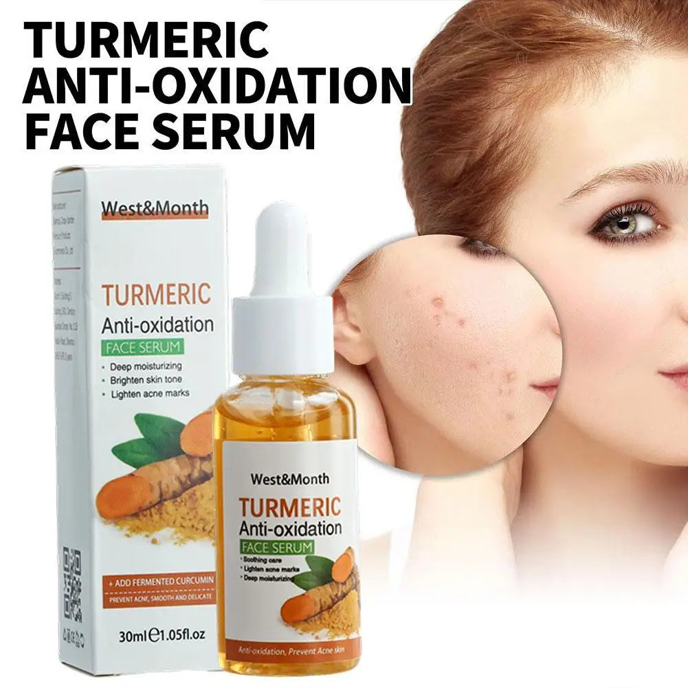 Amber turmeric dark spot corrector face serum bottle on beige surface with natural background, white flowers and textured stones
