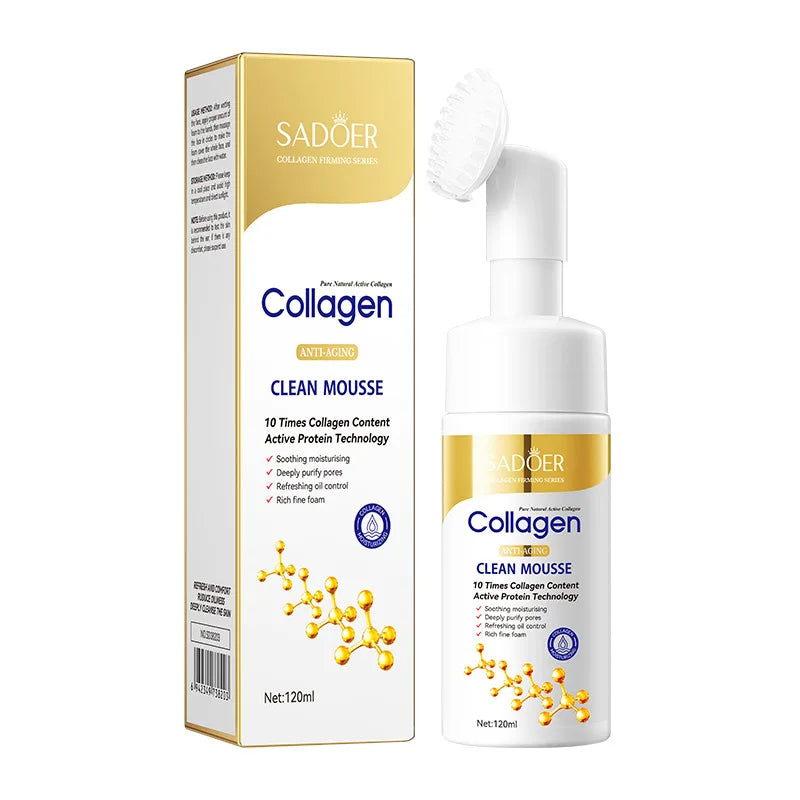 SADOER Collagen Facial Cleanser in white bottle with gold and blue label, featuring a white cleansing brush head, 120ml size, for deep cleansing