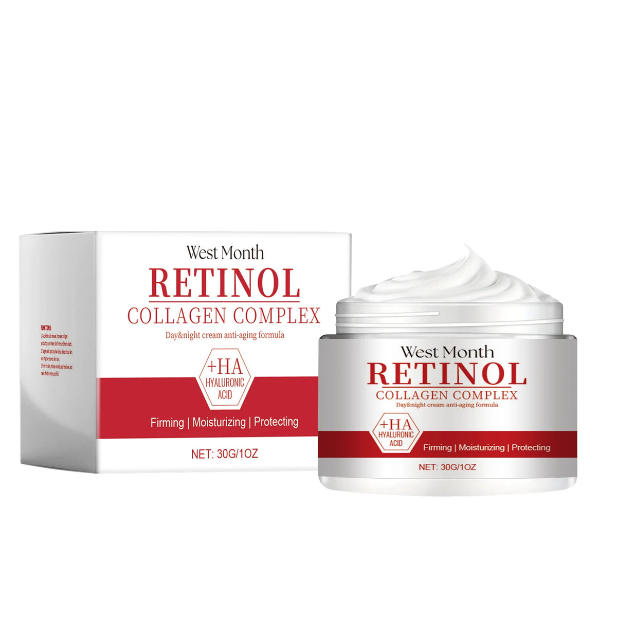 Close-up of West Month Retinol Collagen Complex face cream jar with box, showing detailed label and creamy texture