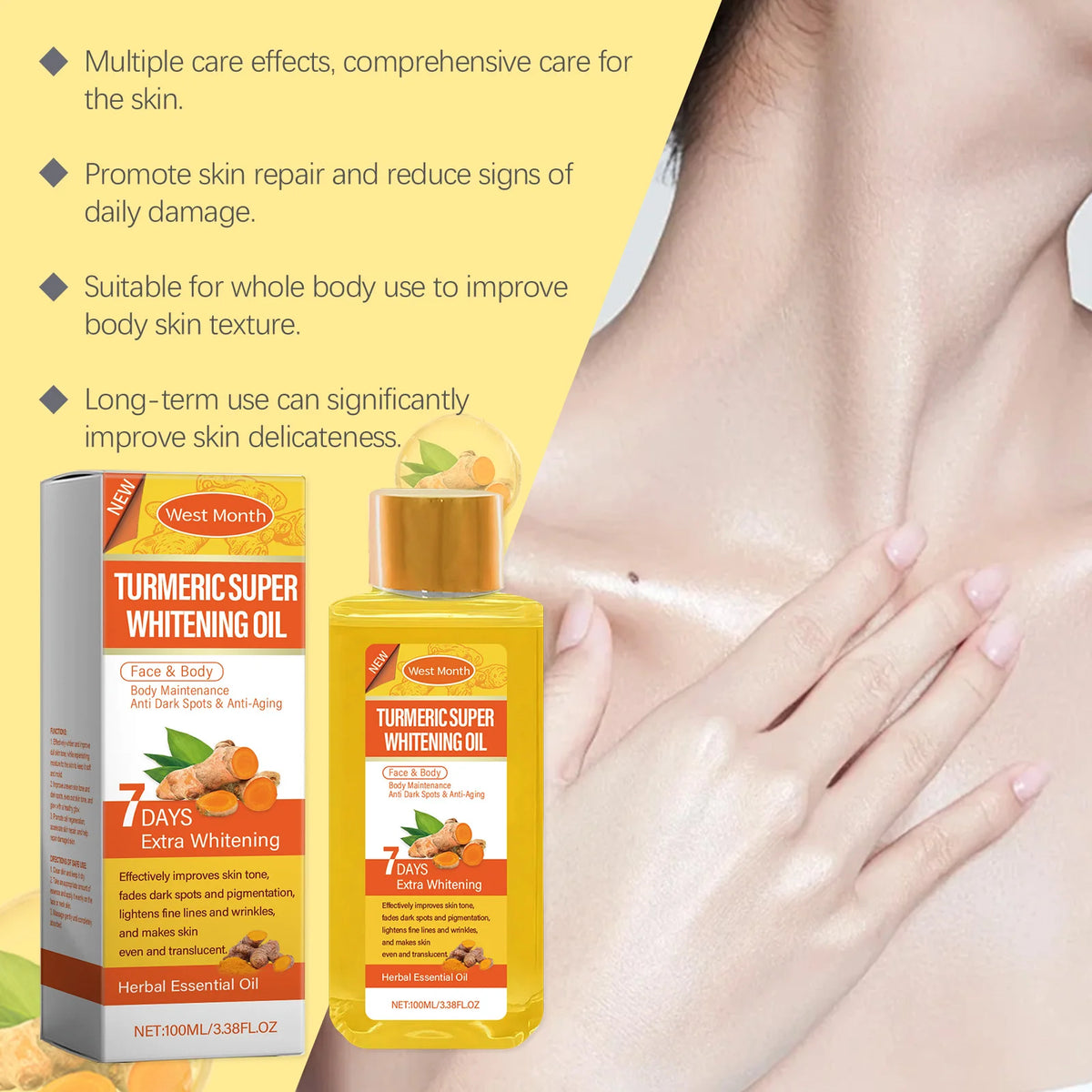Close-up of a woman’s underarm with smooth, moisturized skin, illustrating the benefits of turmeric body oil for dark spots and dryness
