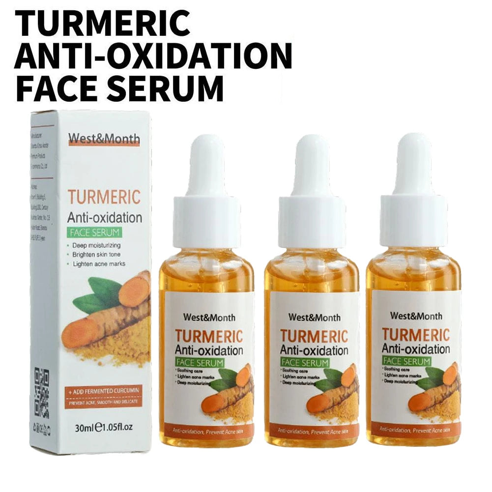 Amber glass dropper bottle of turmeric dark spot corrector face serum with white dropper cap, label showing turmeric root image, 30ml size