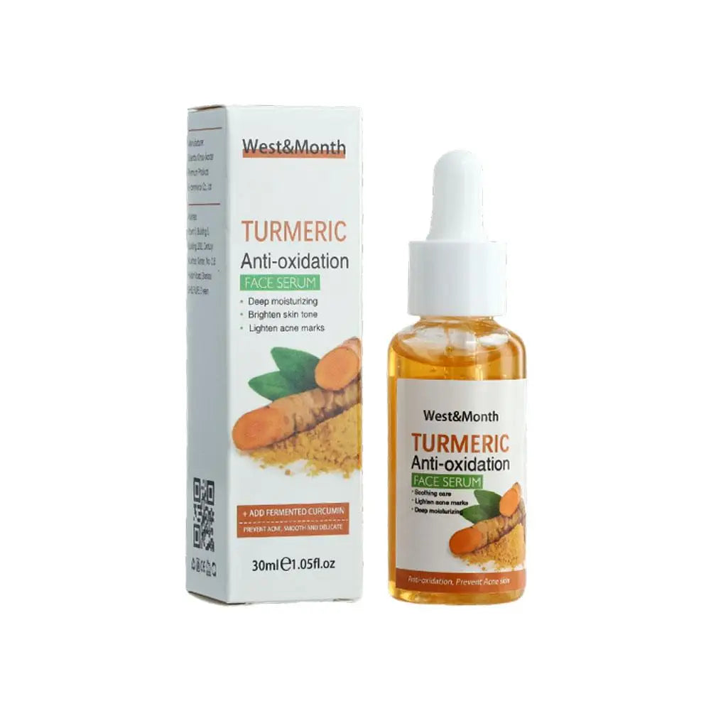 Turmeric Dark Spot Corrector Face Care serum box and bottle with turmeric root illustration, on white background for skincare
