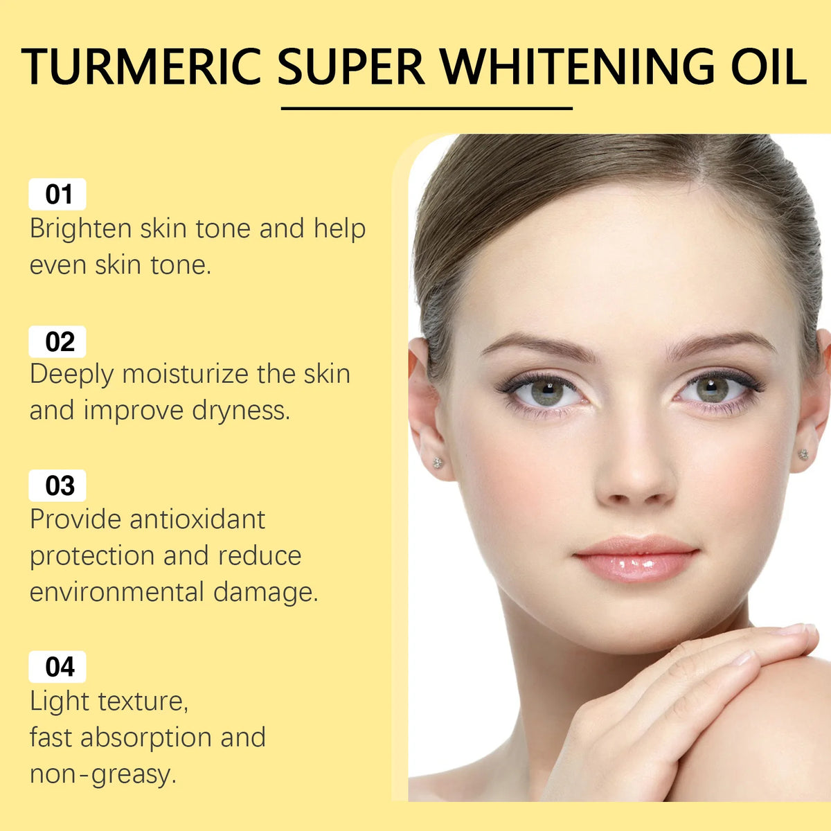Instruction graphic showing how to use turmeric super whitening oil with steps: clean skin, apply oil evenly, gentle massage