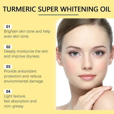 Instruction graphic showing how to use turmeric super whitening oil with steps: clean skin, apply oil evenly, gentle massage