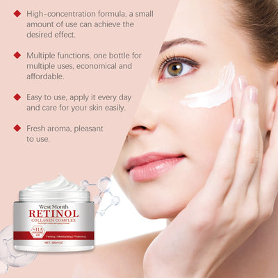 Detailed view of skincare ingredients such as hyaluronic acid, ascorbic acid, aqua, and collagen with molecular structures