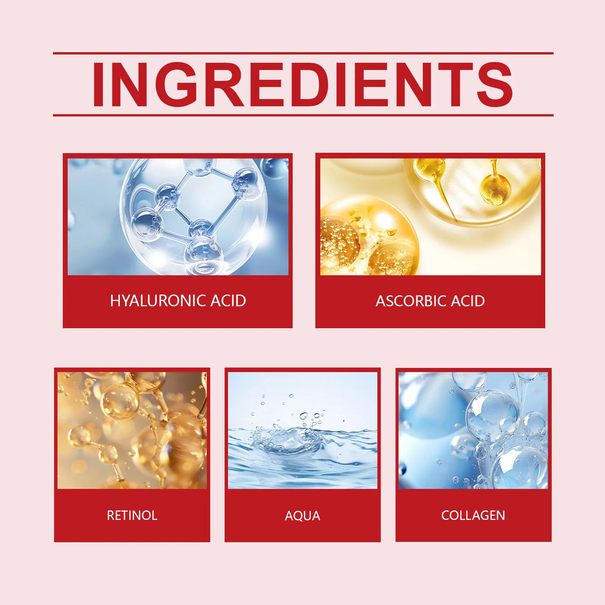 Ingredients section header in bold red text with a light pink background, featuring images of molecular structures and skincare ingredients