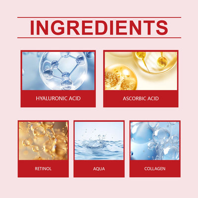 Ingredients section header in bold red text with a light pink background, featuring images of molecular structures and skincare ingredients