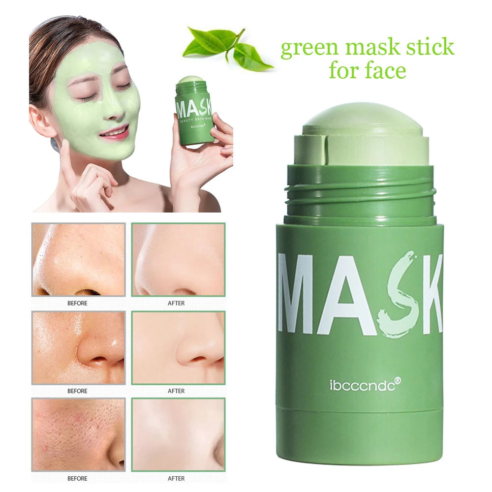 Green mask stick for face with packaging showing before and after skin improvement, deep clean and refresh skincare benefits