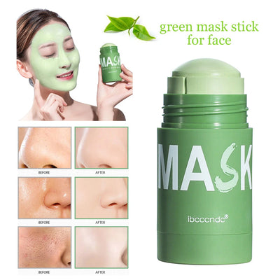 Green mask stick for face with packaging showing before and after skin improvement, deep clean and refresh skincare benefits
