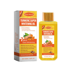 Bright yellow bottle of West Month Turmeric Super Whitening Oil with orange cap, herbal turmeric illustration, and product details on label