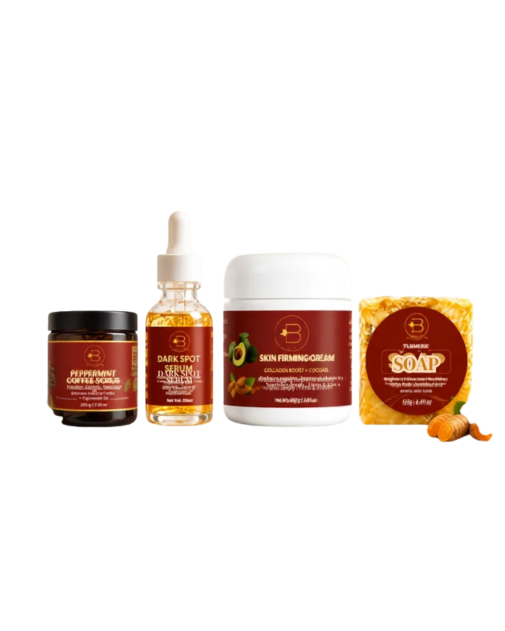 Blisfull Skin Full Glow Routine Kit Peppermint Scrub, Dark Spot Serum, Firming Cream & Turmeric Soap Bundle | Save 10%