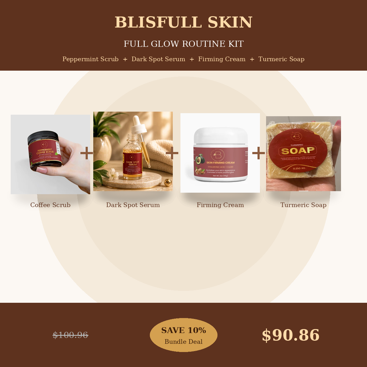 Blisfull Skin Full Glow Routine Kit Peppermint Scrub, Dark Spot Serum, Firming Cream & Turmeric Soap Bundle | Save 10%