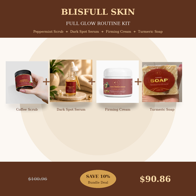 Blisfull Skin Full Glow Routine Kit Peppermint Scrub, Dark Spot Serum, Firming Cream & Turmeric Soap Bundle | Save 10%
