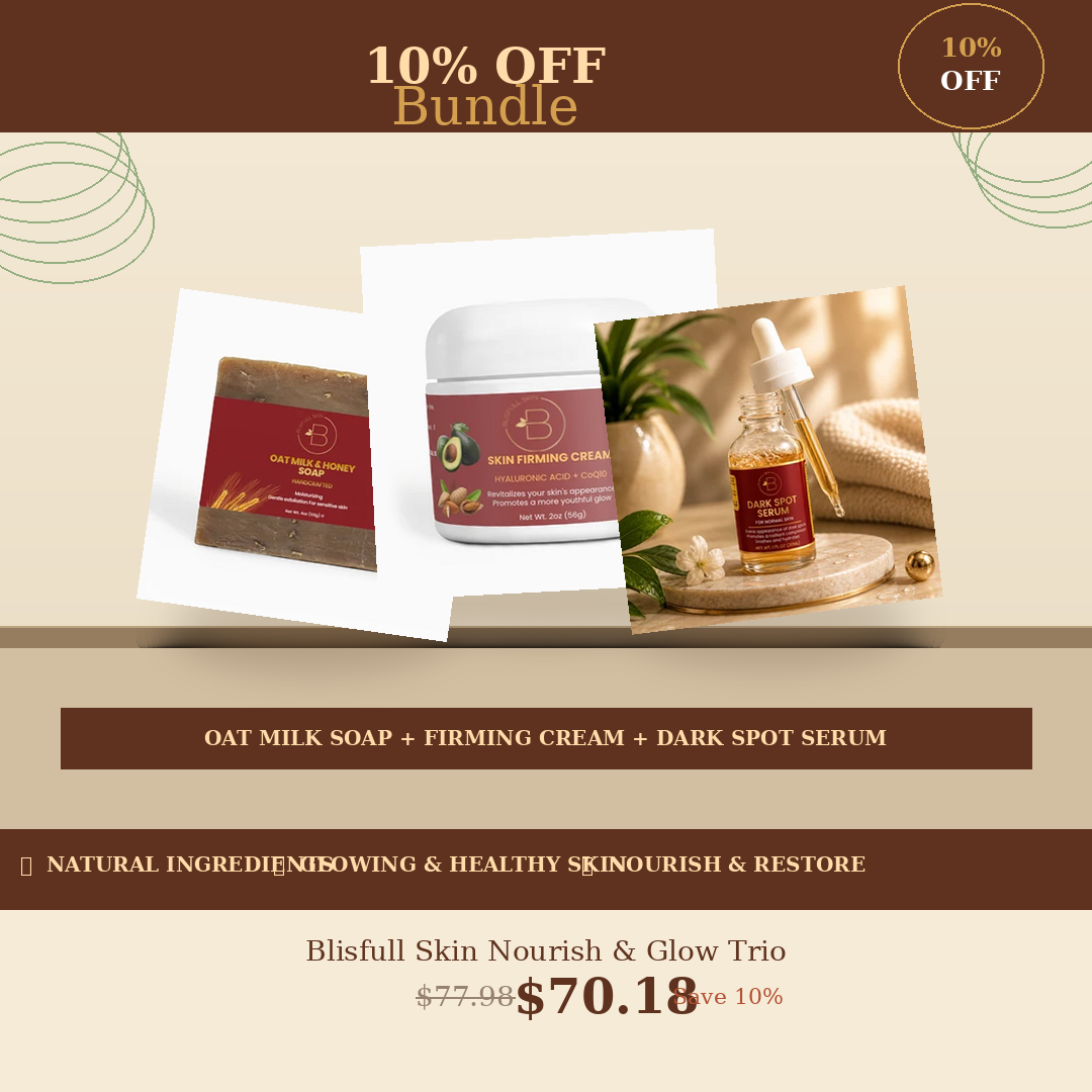 Blisfull Skin Nourish & Glow Trio — Oat Milk Honey Soap, Skin Firming Cream & Dark Spot Serum Bundle | Save 10%